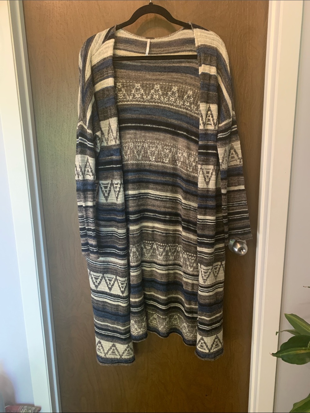 Free People Long Open Front Cardigan Sweater - Blue/Cream